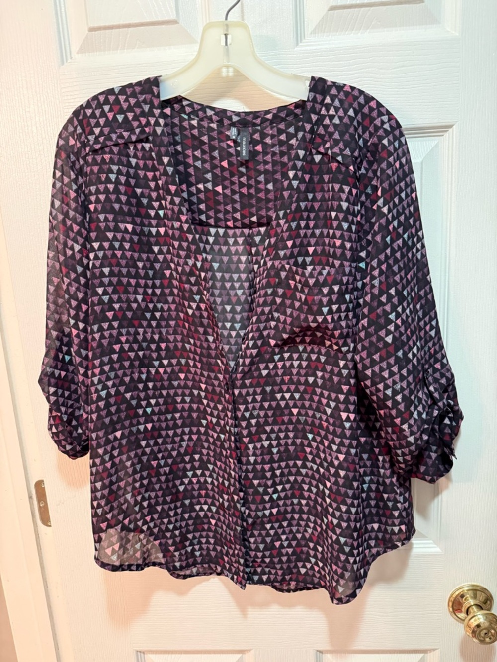 Maurices Black and Purple Geometric Roll-Tab Blouse